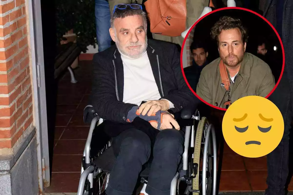 Muntatge de Joaquín Torres amb cadira de rodes i amb les ulleres al cap, Raúl Prieto seriós i un emoji trist