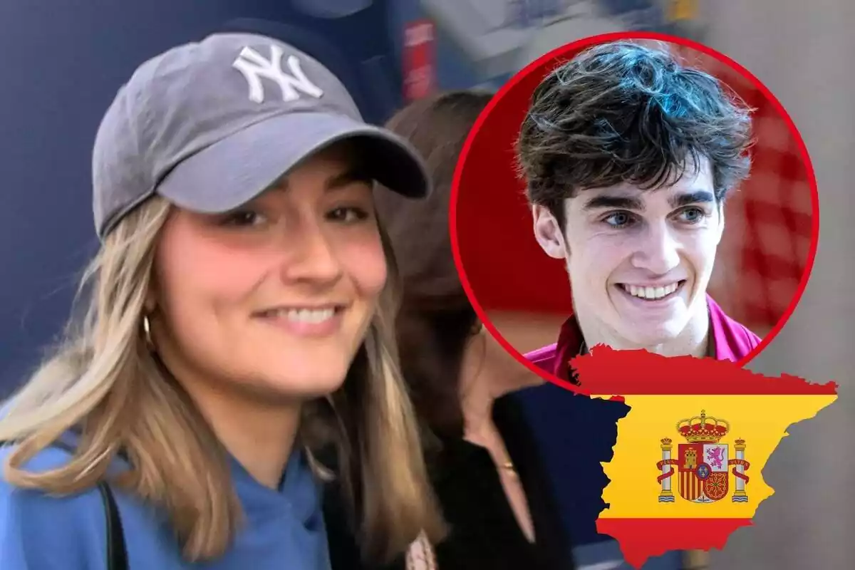 Muntatge de Johanna Zott somrient amb una gorra grisa, Pablo Urdangarin somrient mirant de banda i la silueta d'Espanya amb la seva bandera