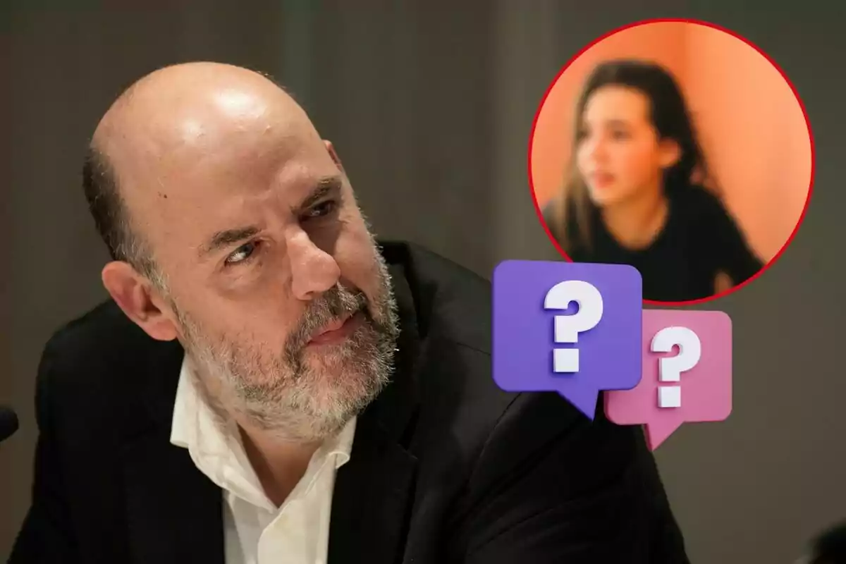 Jordi Basté amb barba mirant cap a la dreta amb una borrosa imatge d'una dona en un cercle vermell i dues icones de signes d'interrogació en primer pla.