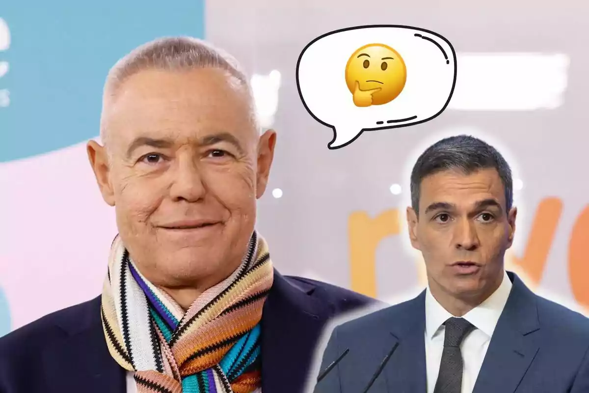 Jordi González i Pedro Sánchez en un muntatge fotogràfic amb un emoji de pensament en un globus de diàleg.