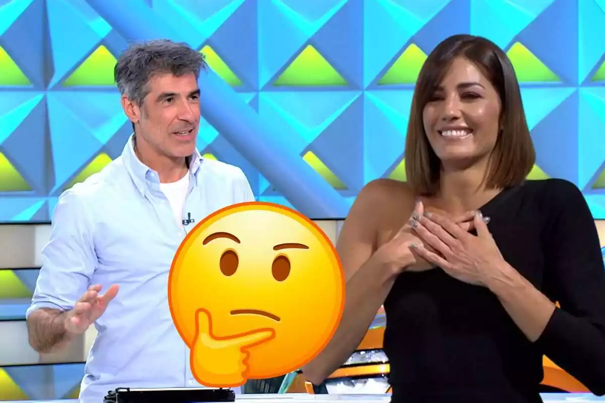 Muntatge amb Jorge Fernández parlant amb una camisa blava, Laura Moure somrient amb les mans juntes al pit i un emoji pensant