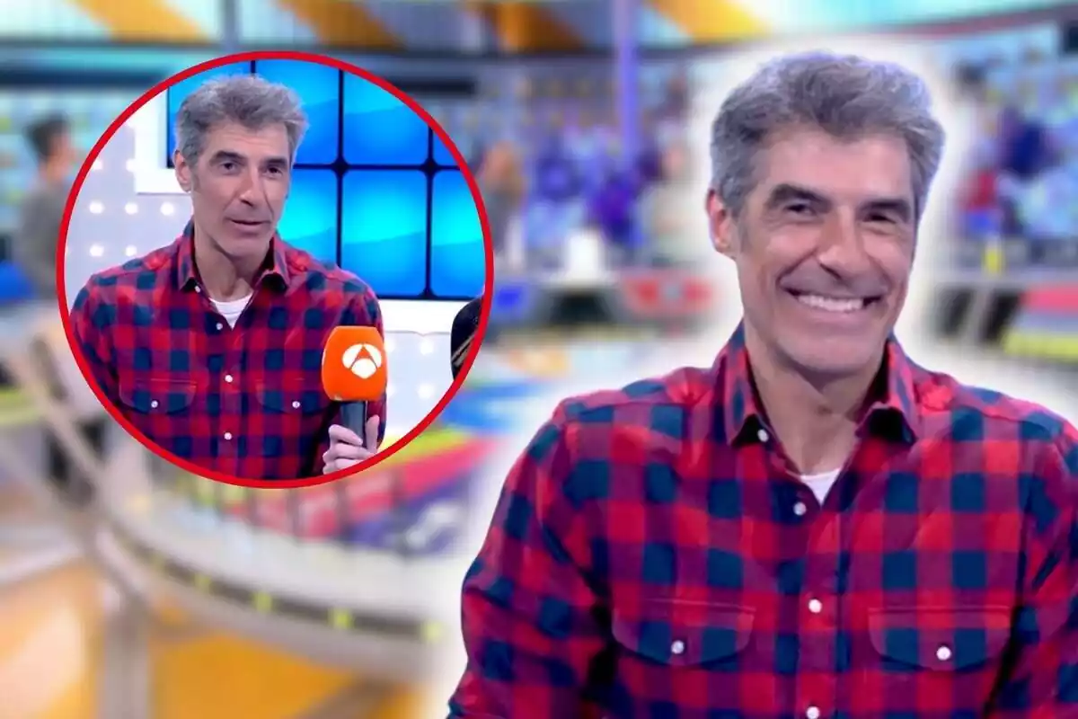 Muntatge amb el fons de La Ruleta de la Suerte i foto de Jorge Fernández mirant a càmera i una foto petita a l'entrevista amb Antena 3