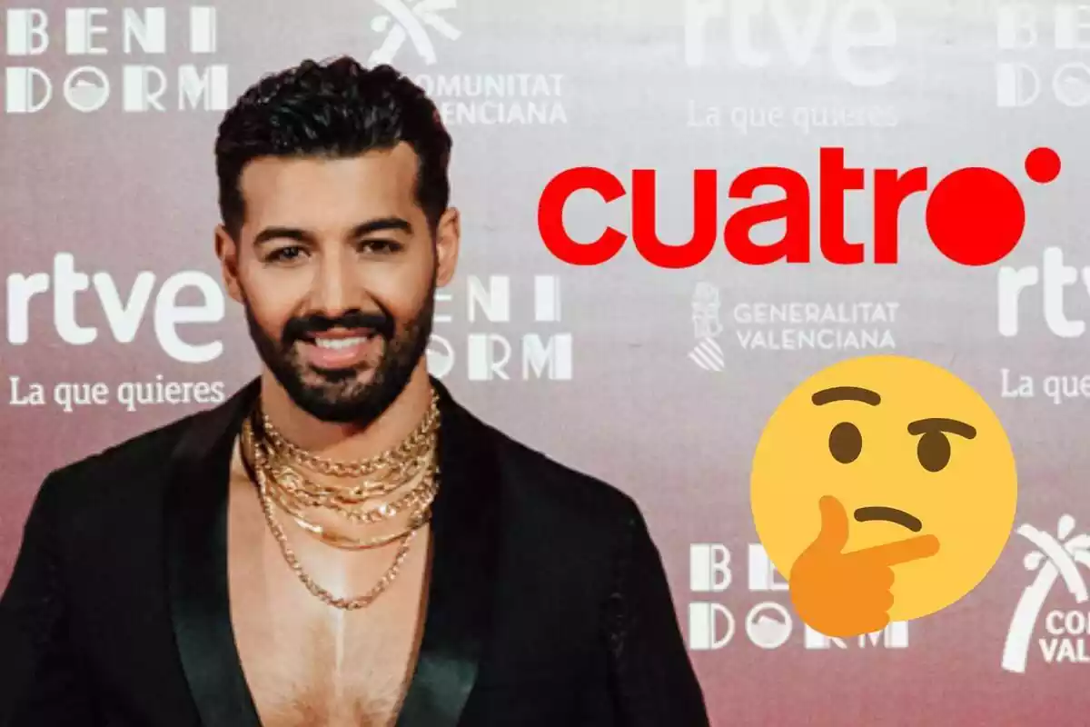 Muntatge de Jorge González somrient amb uns collarets daurats, el logo de Cuatro i un emoji pensant