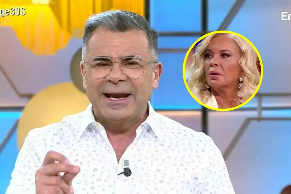 Jorge Javier Vázquez amb ulleres i camisa blanca parla a El Diario de Jorge, mentre a la cantonada superior dreta apareix una imatge circular de Bárbara Rey amb expressió seriosa.