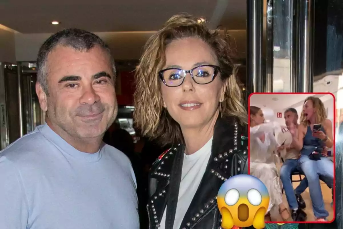 Jorge Javier Vázquez i Rocío Carrasco posen per a una foto, Rocío porta ulleres i una jaqueta de cuir, mentre que Jorge Javier vesteix una samarreta de màniga llarga; a la cantonada inferior dreta hi ha una imatge més petita de Rocío, Jorge Javier i una altra dona interactuant animadament, amb un emoji de sorpresa superposat.