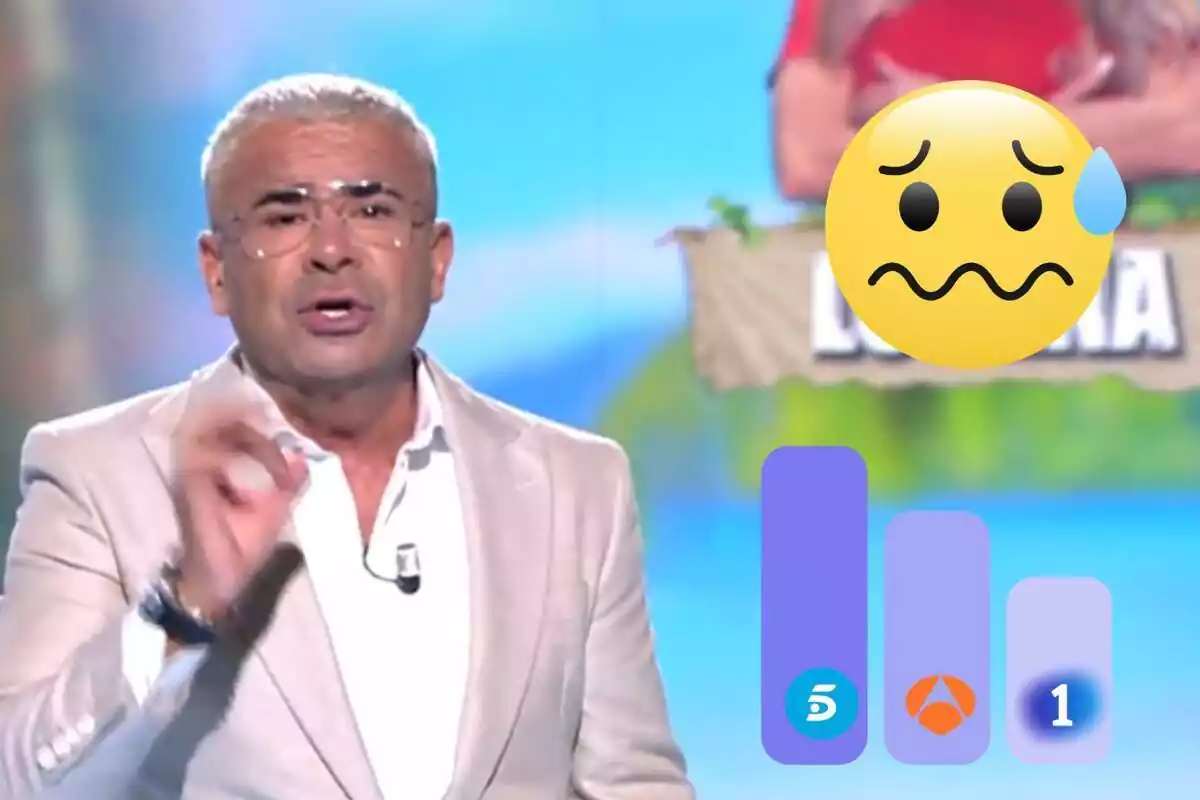 Muntatge de Jorge Javier Vázquez parlant en vestit blanc, un gràfic de barres amb els logos de Telecinco, Antena 2 i La 1 i un emoji de por