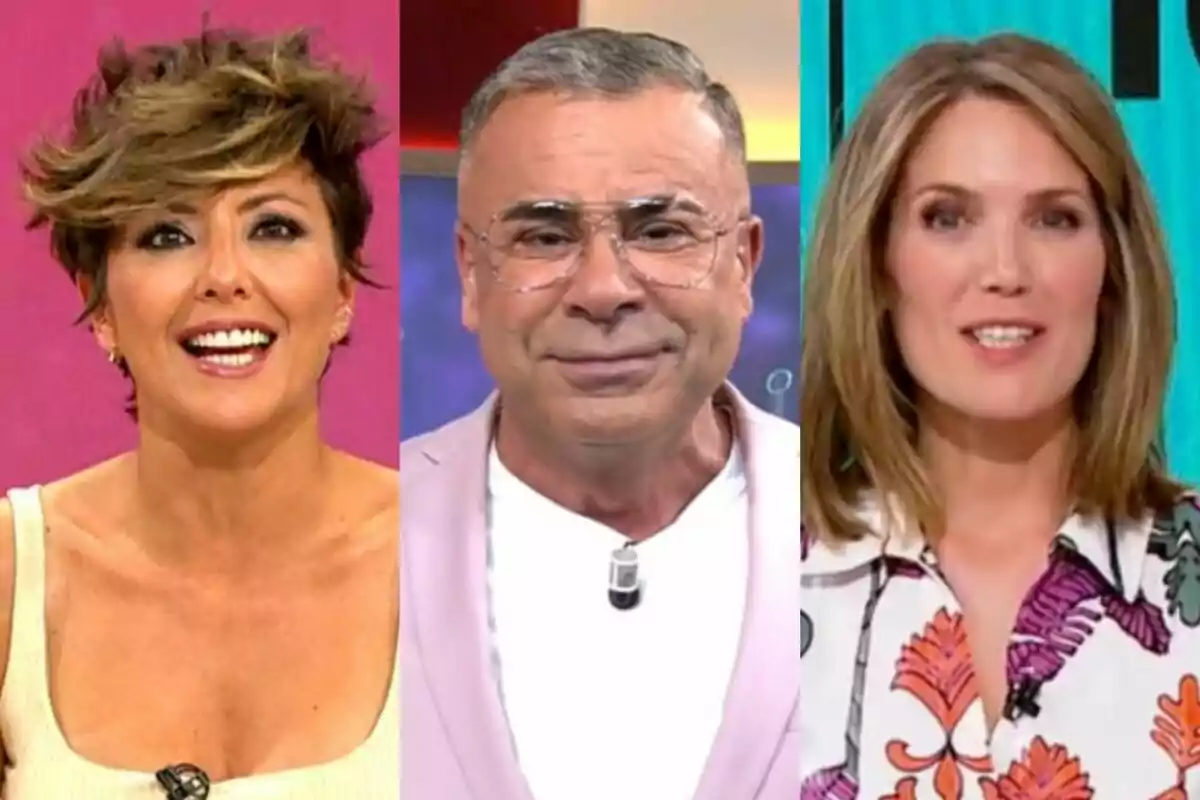 Tres persones somrients en un collage, Sonsoles Ónega a Y ahora Sonsoles amb cabell curt i despentinat a l'esquerra, Jorge Javier Vázquez a El Diario de Jorge amb ulleres i jaqueta rosa al centre, i Silvia Intxaurrondo a La Hora de La 1 amb cabell ros i brusa estampada a la dreta.