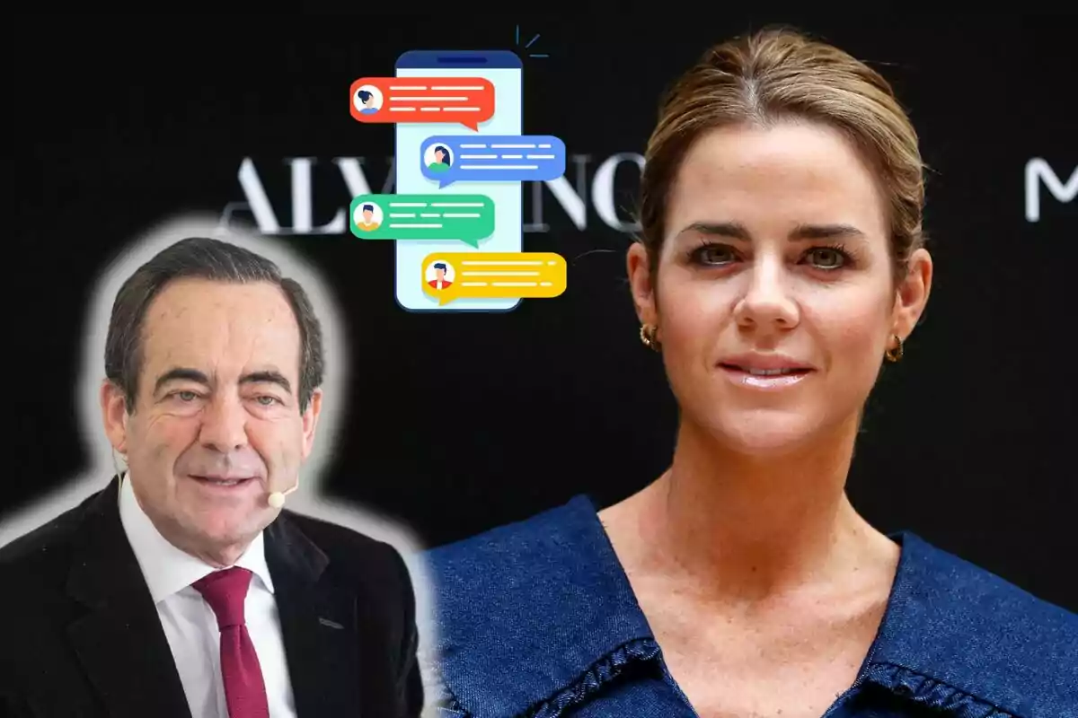 José Bono y Amelia Bono posando frente a un fondo negro con un gráfico de mensajes de texto flotando entre ellas.