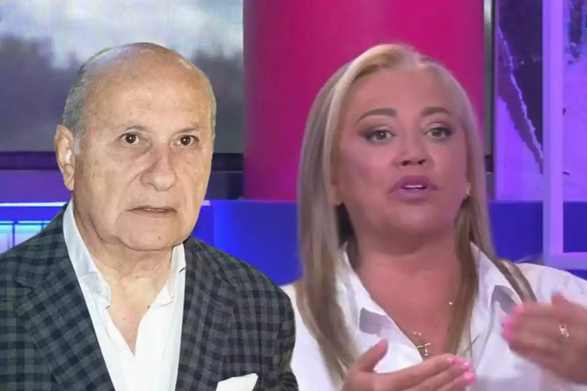 Muntatge de José Carlos Bernal seriós en vestit de quadres gris i camisa blanca i Belén Esteban parlant amb camisa blanca gesticulant