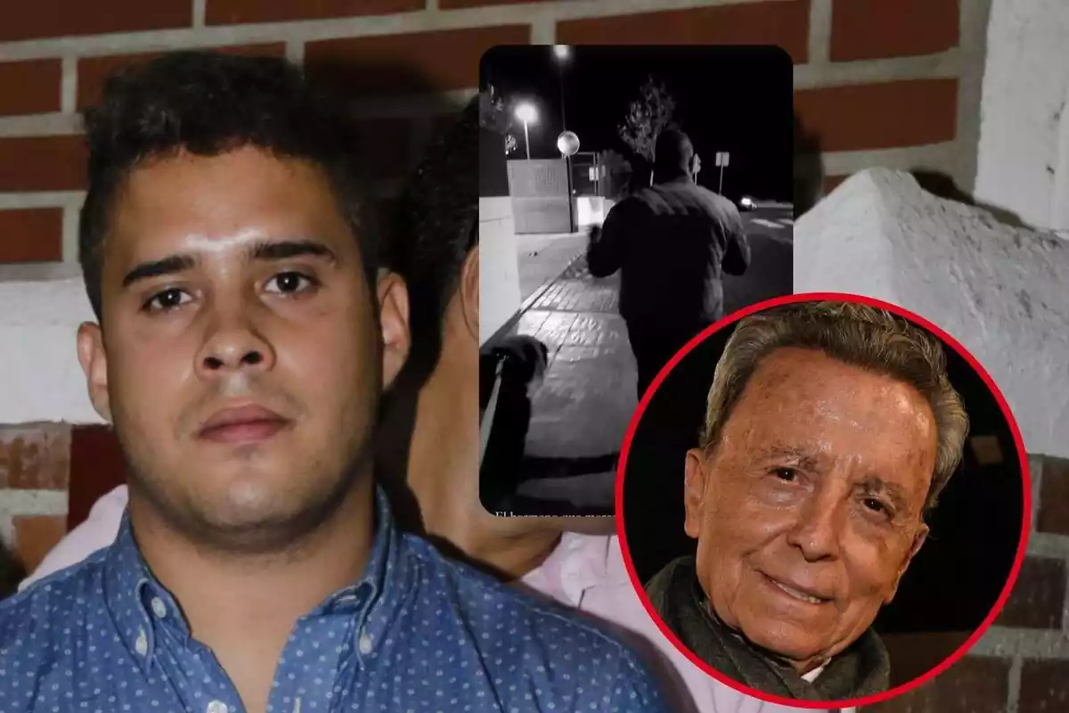 Muntatge de José Fernando Ortega seriós a camisa, una storie de Gloria Camila Ortega a Instagram amb ell passejant amb el gos i José Ortega Cano somrient