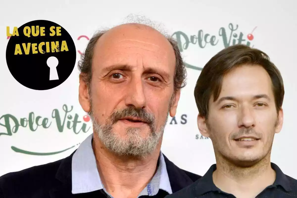 Muntatge amb José Luis Gil seriós, Alberto Caballero somrient i el logotip de 'La que se Avecina'