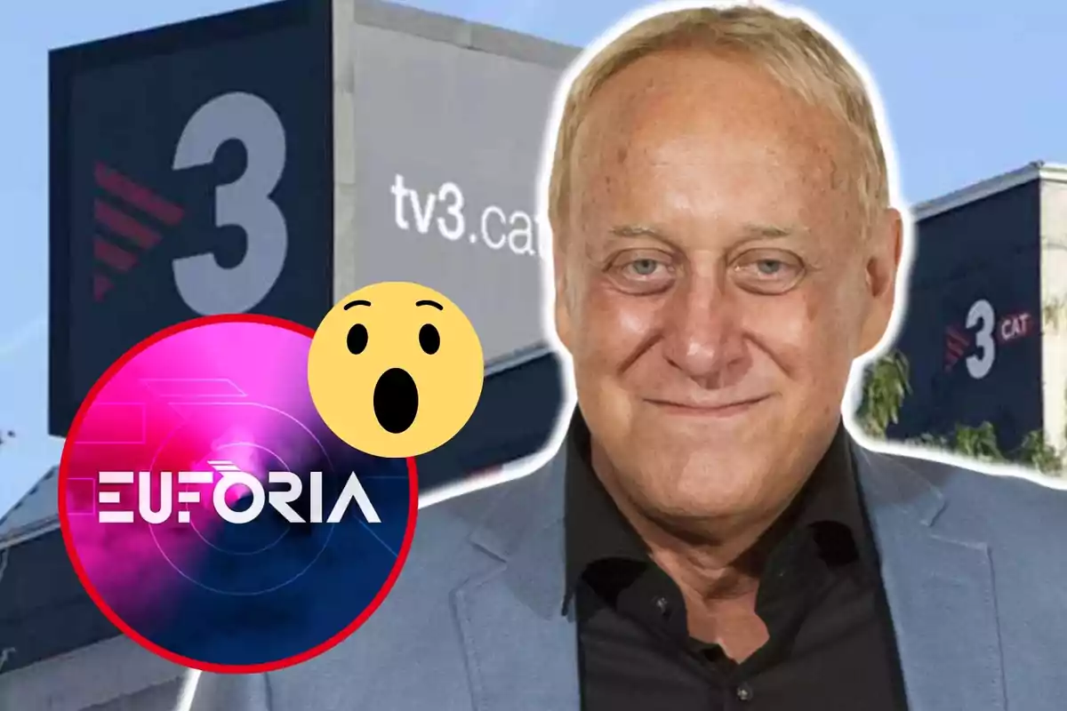 Josep Maria Mainat davant d'un edifici amb el logotip de TV3, el logotip del programa "Eufòria" i un emoji de cara sorpresa.