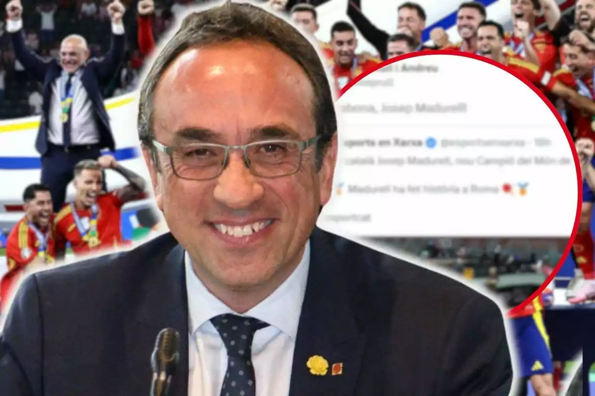 Josep Rull, amb un fons de celebració esportiva on es veuen jugadors i un entrenador alçant els braços en senyal de victòria.