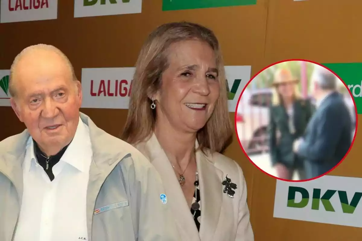 Joan Carles I i la infanta Elena posen davant d'un fons amb logotips de LaLiga i DKV, amb un requadre que mostra una imatge borrosa d'una conversa.