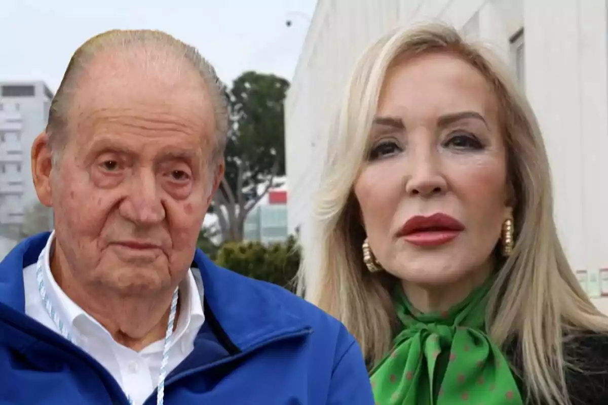 Juan Carlos I i Carmen Lomana posant a l'aire lliure amb un edifici de fons.