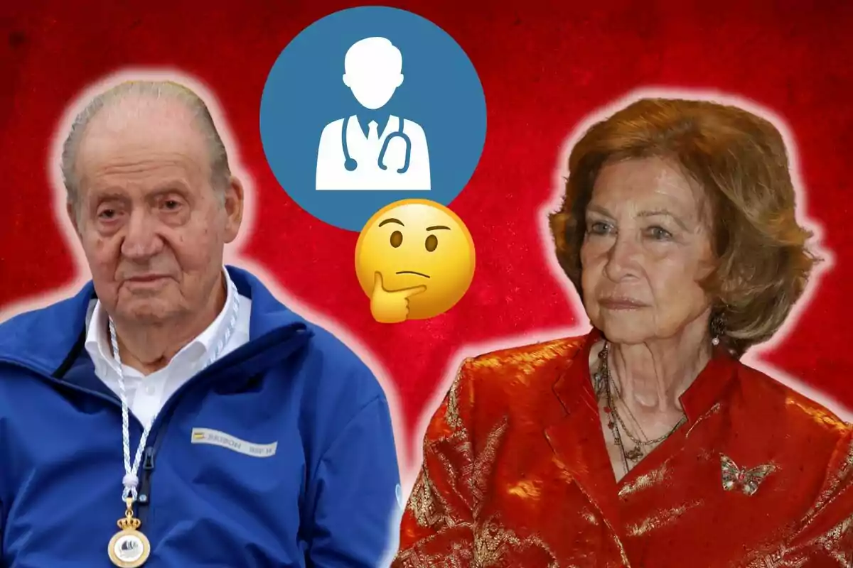 Juan Carlos I y la reina Sofía con expresiones serias, un icono de médico y un emoji pensativo sobre un fondo rojo.