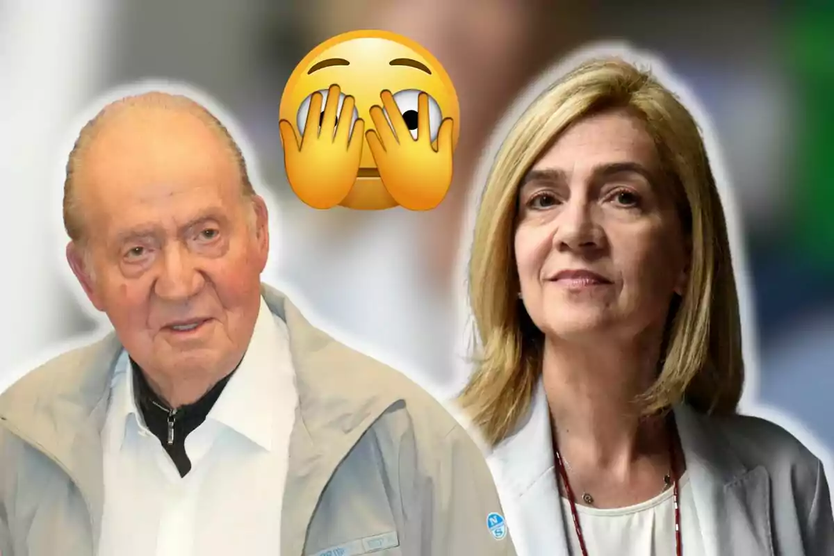 Joan Carles I i la infanta Cristina amb un emoji de mans cobrint la cara entre elles.