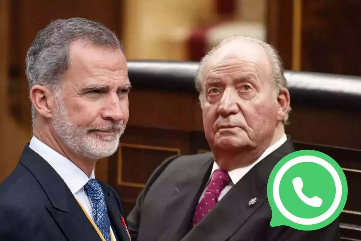 Muntatge amb Felip amb un mig somriure, Joan Carles mirant cap amunt i un cercle verd amb un telèfon blanc
