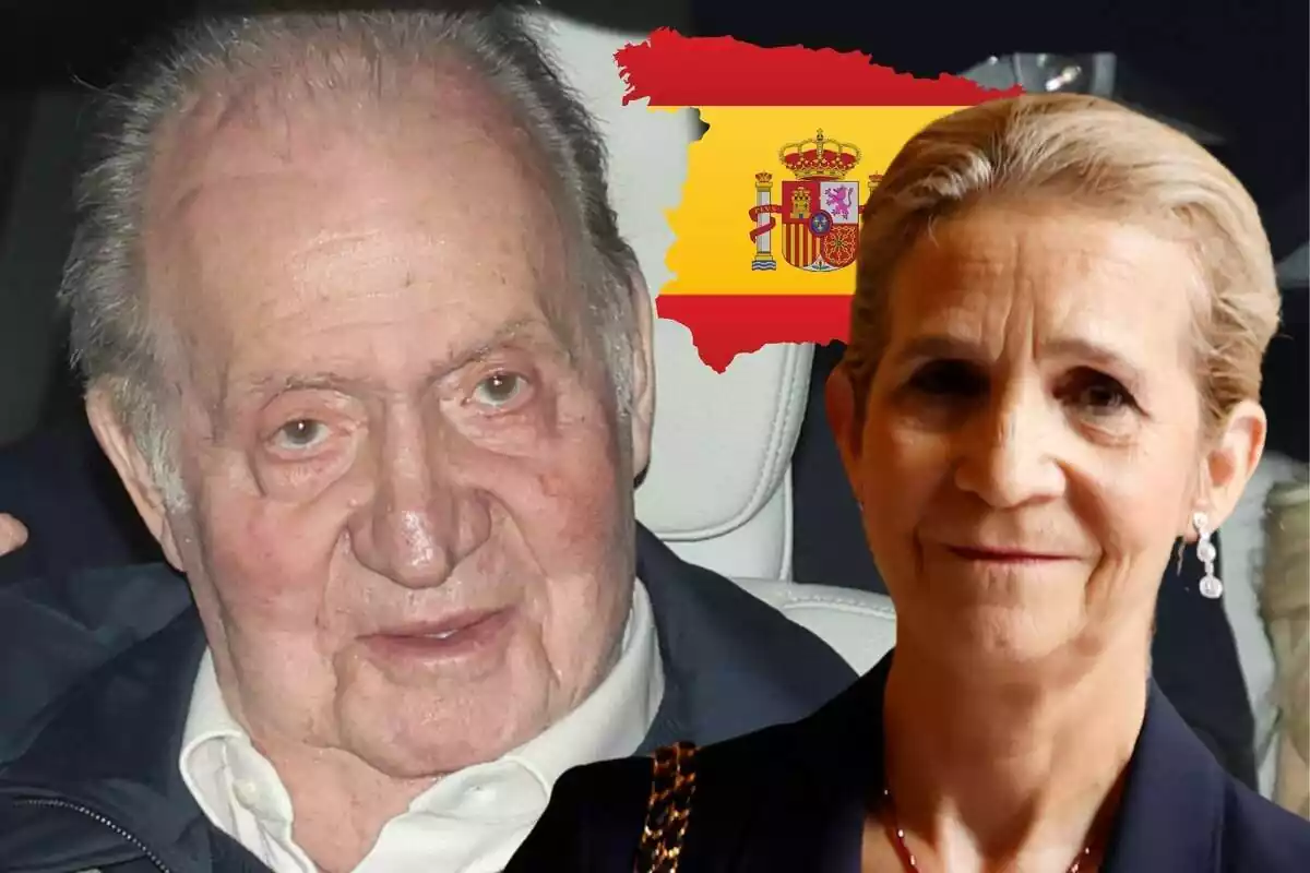 Muntatge de Joan Carles I amb rostre neutre dins d'un cotxe, la infanta Elena somrient amb els cabells recollits i la bandera d'Espanya