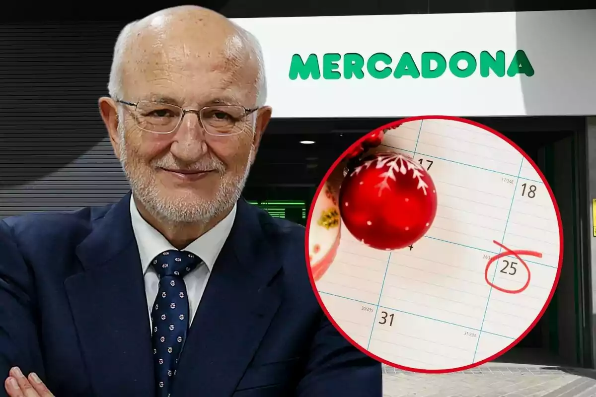 Un home de vestit davant d'un rètol de Mercadona amb un calendari que té el 25è marcat i una esfera nadalenca.