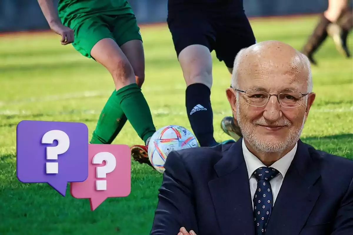 Muntatge amb uns jugadors xutant una pilota de futbol, Juan Roig somrient i uns interrogants