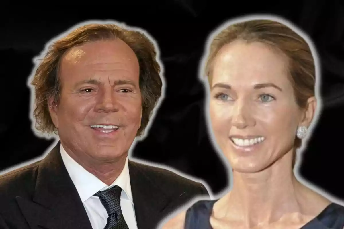 Julio Iglesias and Miranda Rijnsburger smiling while posing together against a dark background.