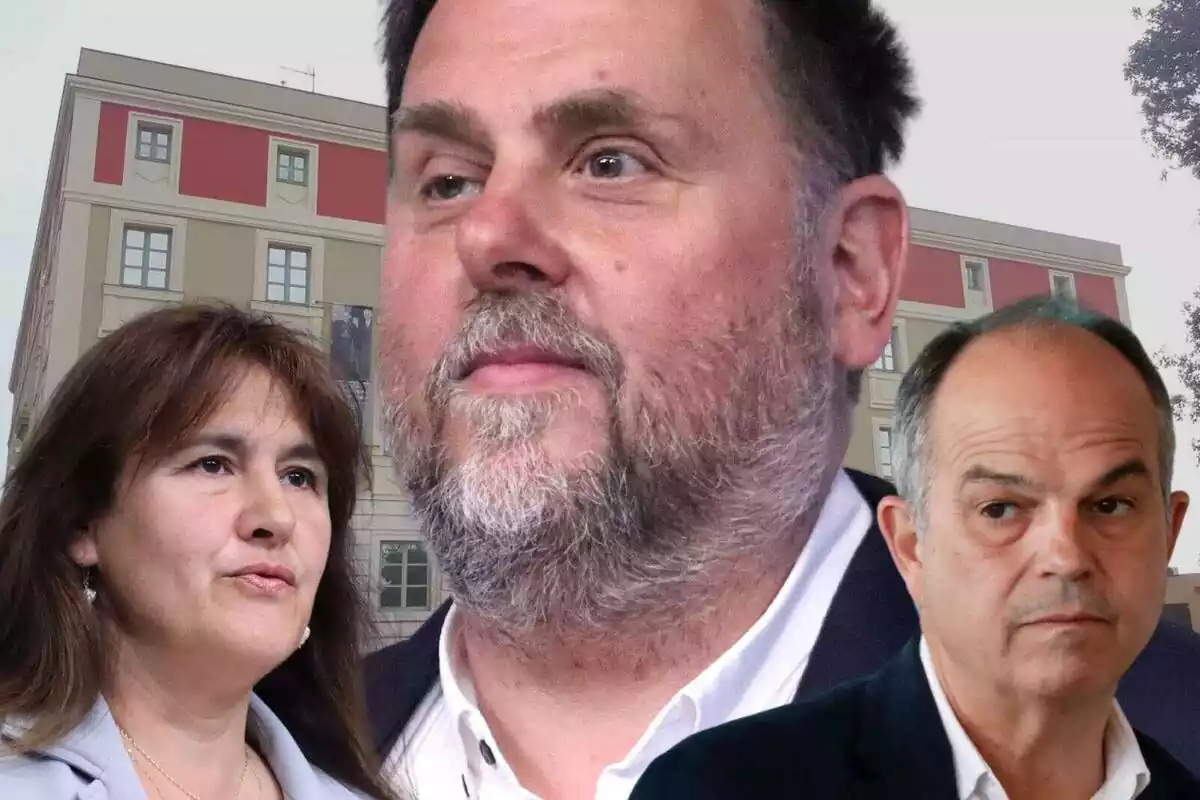 Muntatge amb la cara en primer pla d'Oriol Junqueras d'allò més bé i les de Laura Borràs i Jordi Turull més petites