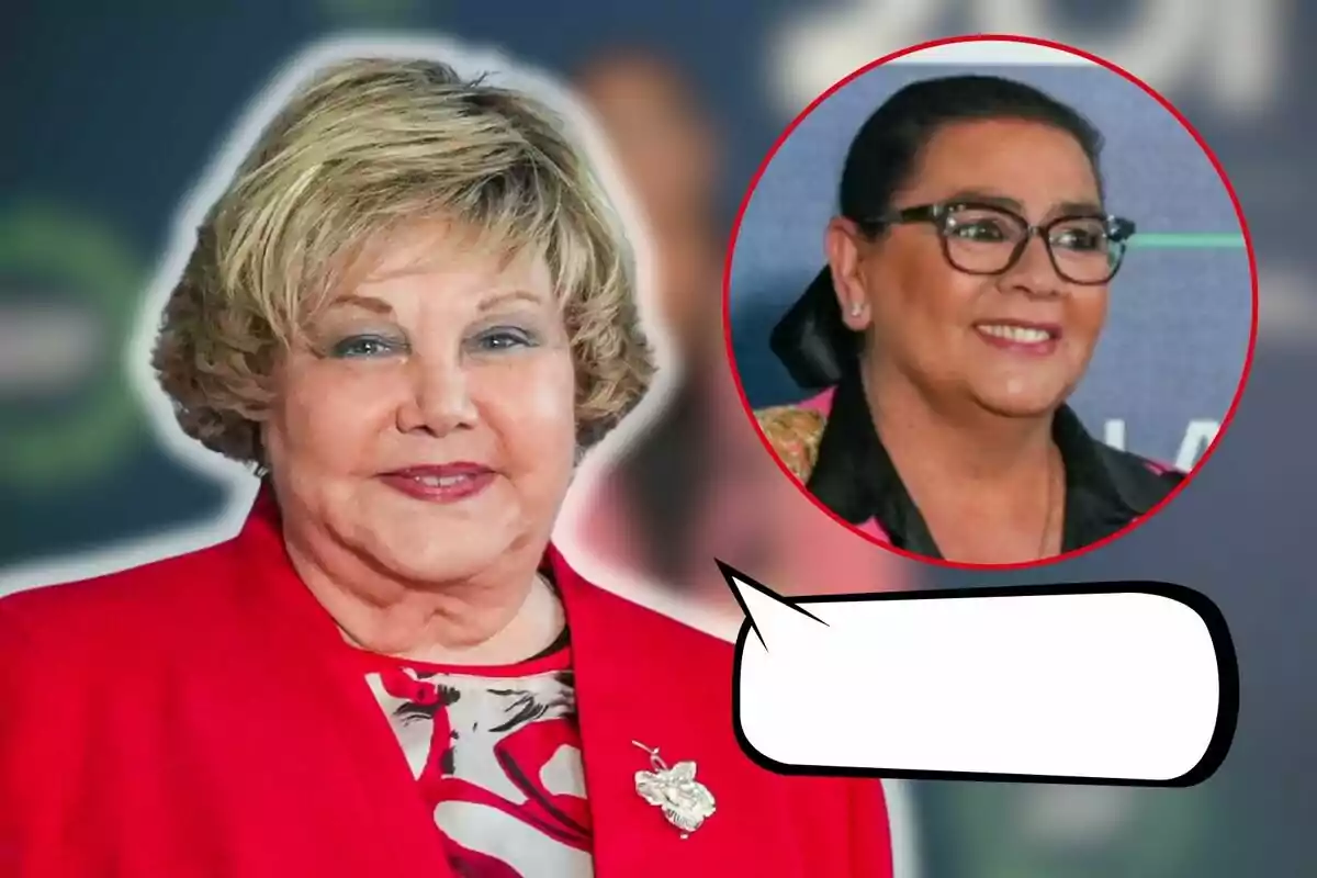 Karina y María del Monte sonrientes, una en primer plano con un traje rojo y otra en un círculo en la esquina superior derecha, con un globo de diálogo vacío.