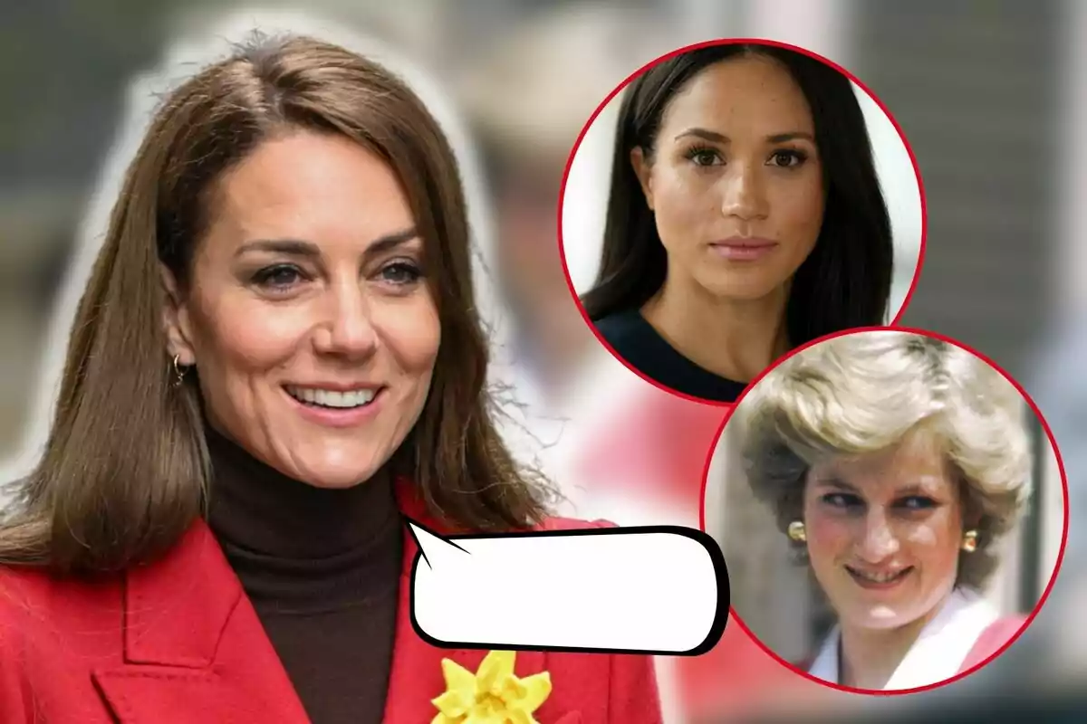 Kate Middleton sonriente con un abrigo rojo y un narciso amarillo en la solapa, con dos imágenes circulares de Meghan Markle y Lady Di en el fondo y un globo de diálogo vacío.