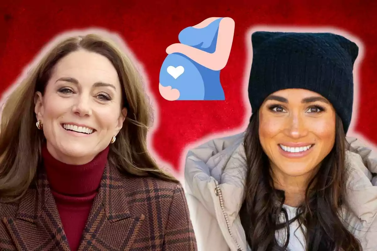 Kate Middleton and Meghan Markle smiling with a red background and a pregnancy icon in the center.