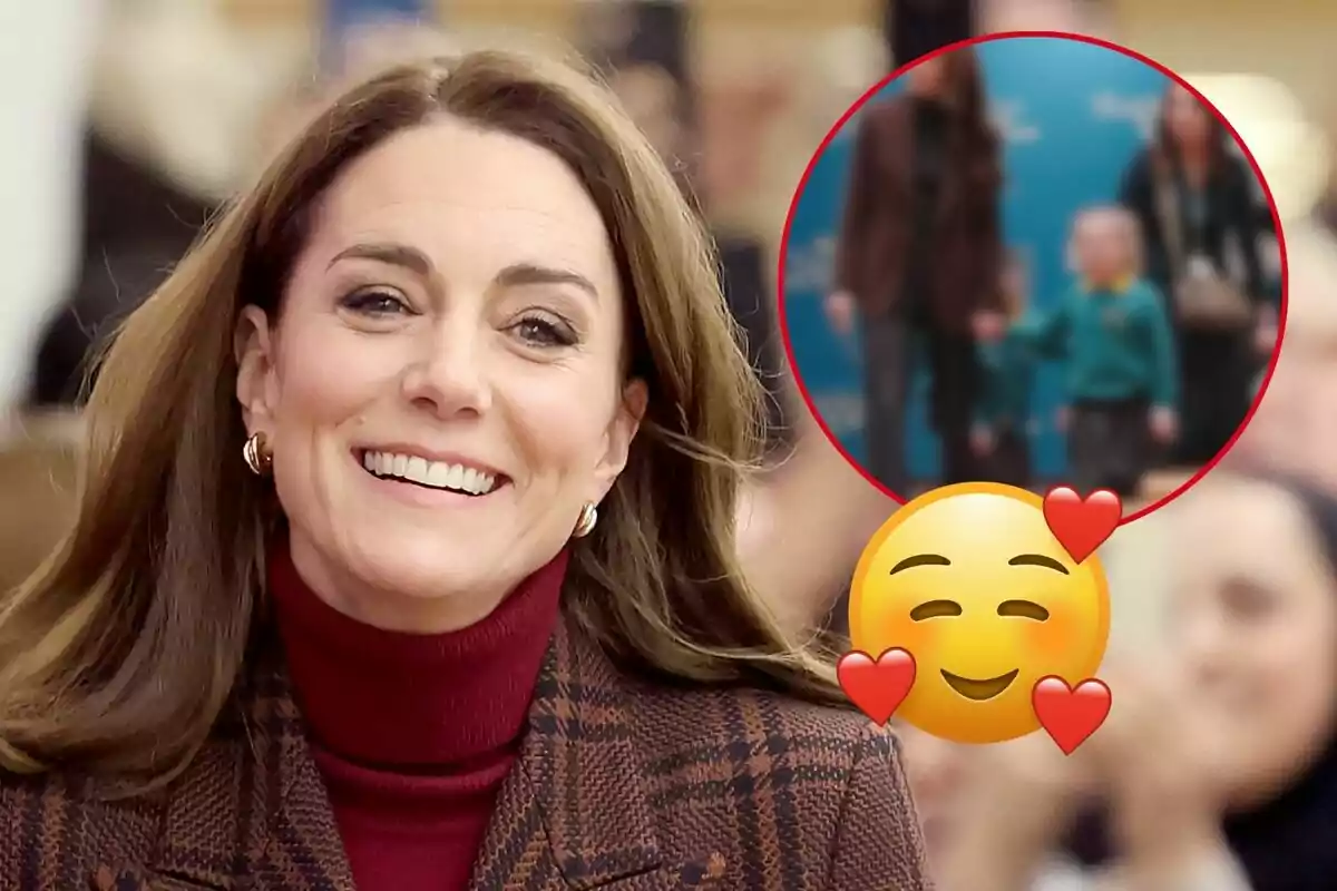 Kate Middleton smiling with a happy face emoji and hearts overlaid on the image.