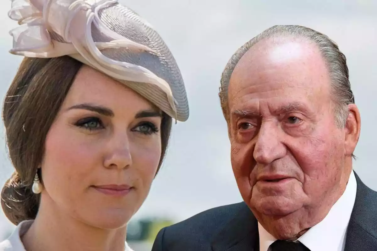 Muntatge de Kate Middleton seria amb un tocat al cap i Joan Carles I somrient en un vestit negre
