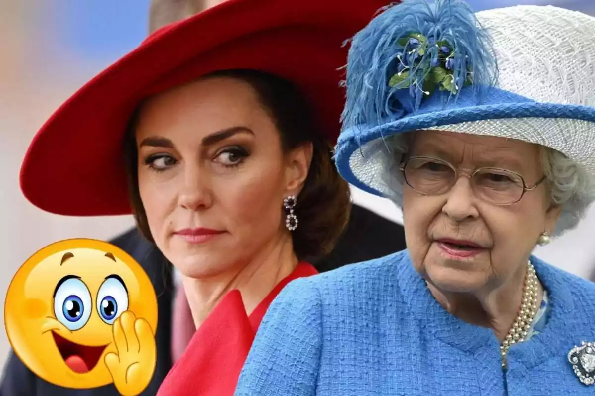 Muntatge de Kate Middleton seria amb un barret vermell, la reina Isabel seria amb un barret blanc amb una flor blava i un emoji de secret