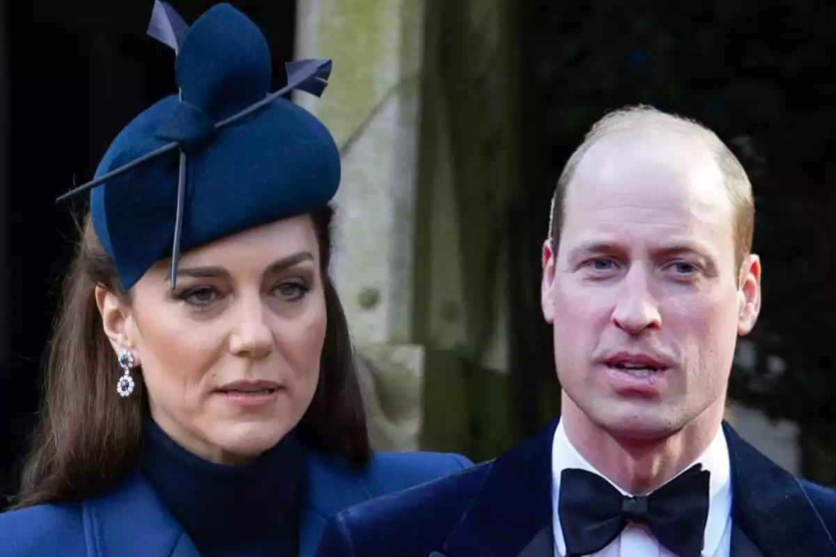 Muntatge de Kate Middleton seriosa amb un tocat blau i el príncep Guillem seriós amb un vestit negre i corbata de llacet
