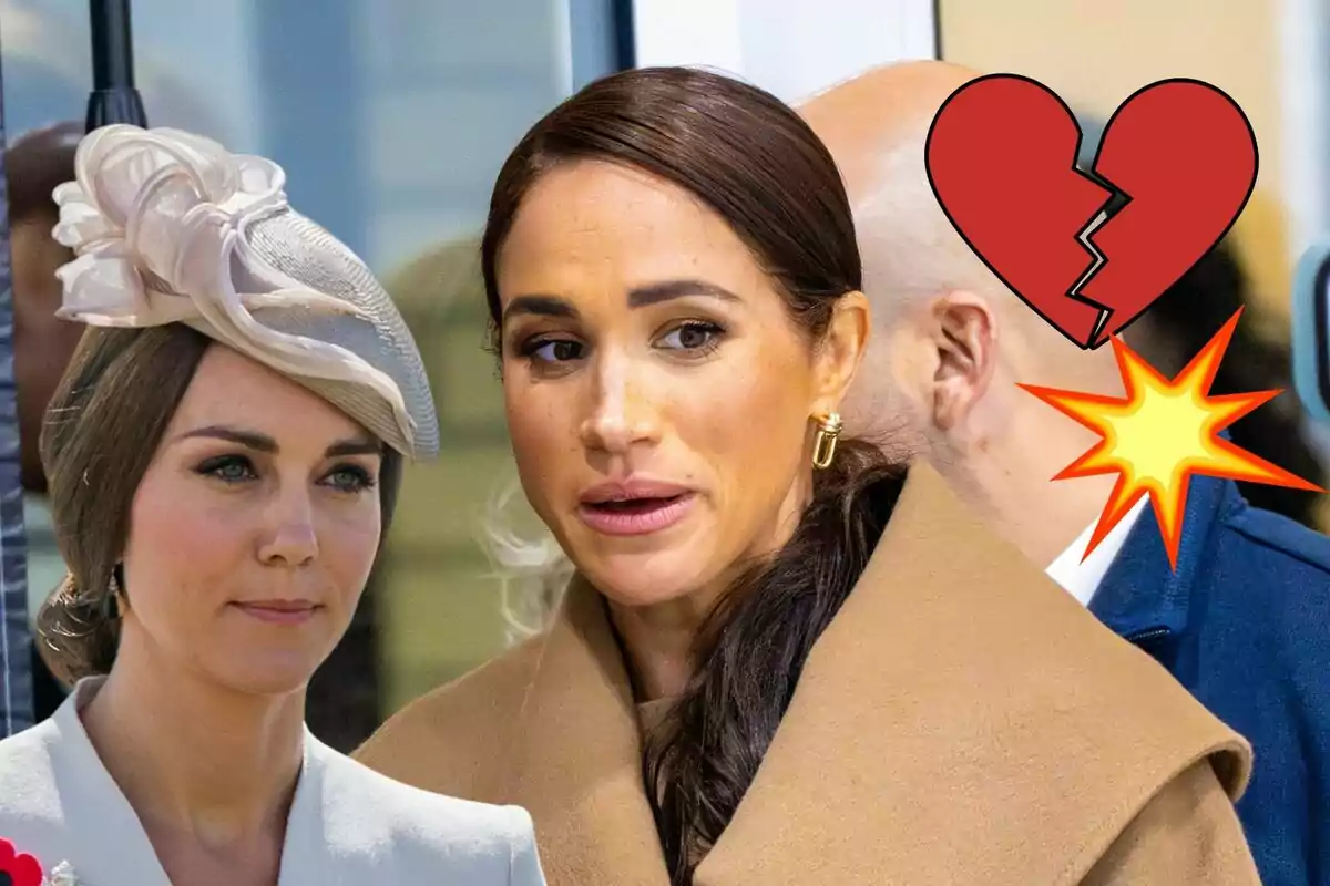 Kate Middleton i Meghan Markle amb expressions serioses, una amb un barret elegant i l'altra amb un abric marró, amb un emoji de cor trencat i una explosió al fons.