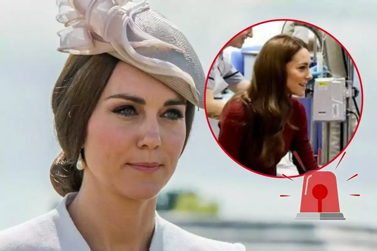 Kate Middleton amb un barret elegant i un pendent de perla, amb una imatge circular inserida que mostra la mateixa dona en un entorn diferent, acompanyada d'una icona d'alarma vermella.