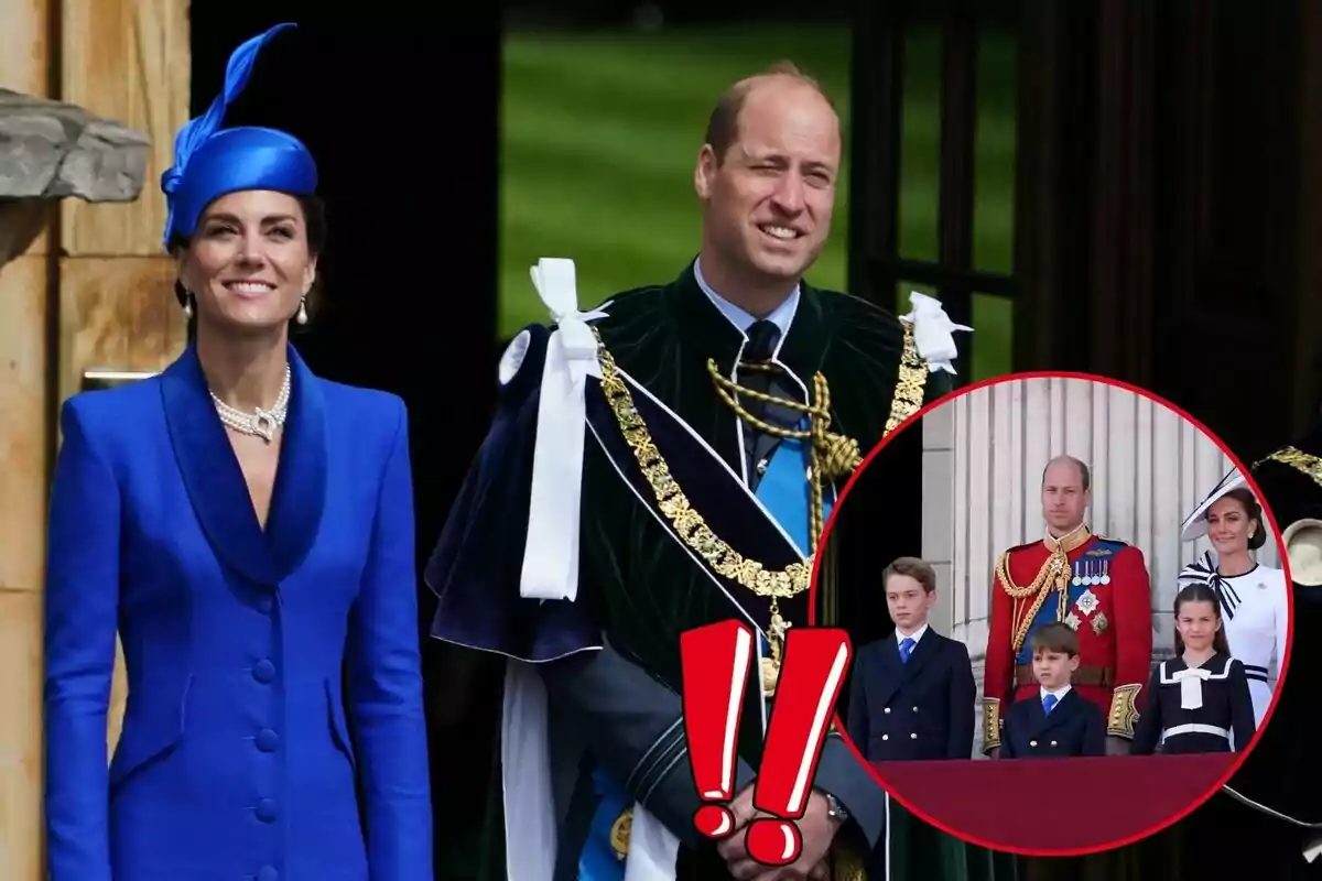 Kate Middleton and Prince William dressed formally, with a woman in a blue suit and a man in ceremonial attire, next to a frame showing the same couple with three children on a balcony.