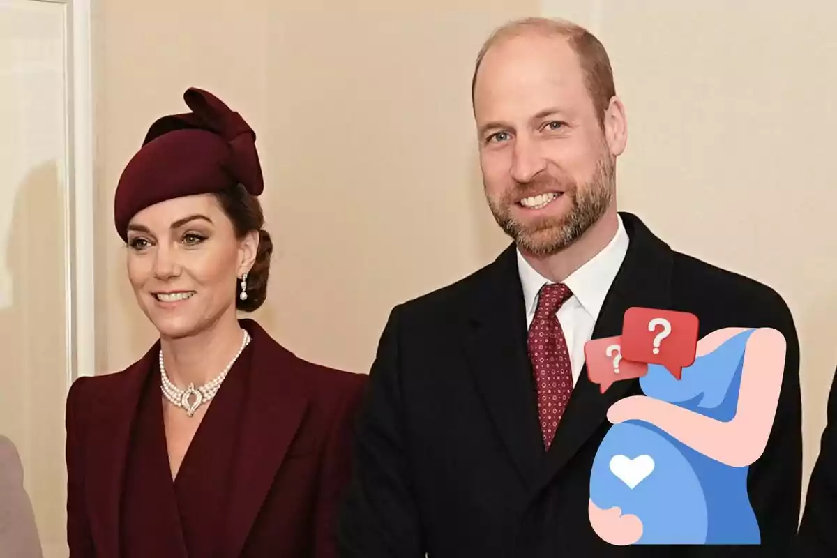 Kate Middleton y el príncipe Guillermo vestida formalmente, la mujer lleva un sombrero burdeos y un collar de perlas, mientras que el hombre lleva un traje oscuro con corbata roja; hay un gráfico de una figura embarazada con signos de interrogación superpuesto.