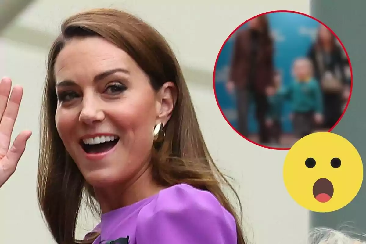 Kate Middleton, smiling in a purple dress, waves with a red circle containing a blurred image of several people and a surprised emoji in the corner.