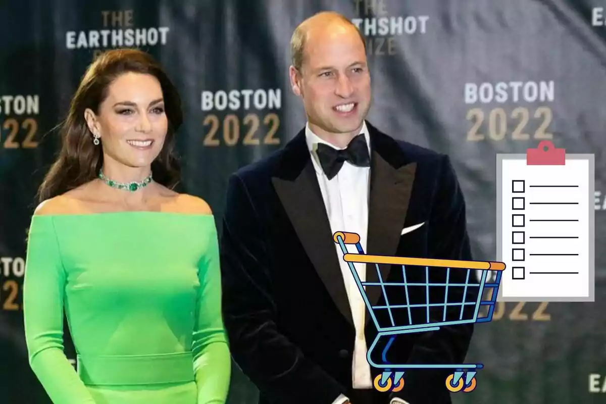 Kate Middleton i el príncep Guillem elegantment vestida posa en un esdeveniment amb un fons que diu “The Earthshot Prize Boston 2022”, i hi ha gràfics superposats d'un carret de compres i una llista de verificació.