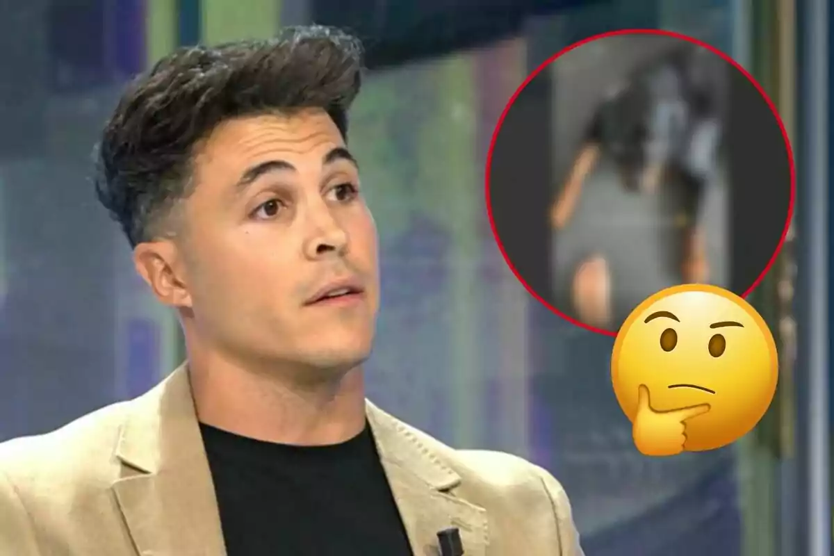 Kiko Jiménez amb expressió pensativa apareix en un programa de televisió, acompanyat d'un emoji de cara pensativa i un requadre borrós a la cantonada superior dreta.