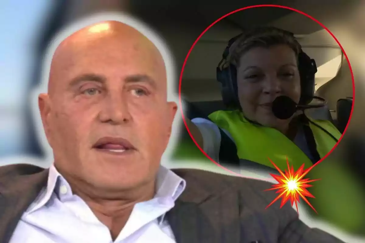 Kiko Matamoros in a suit appears in the foreground while Terelu Campos with headphones and a yellow vest is in a red circle in the background.