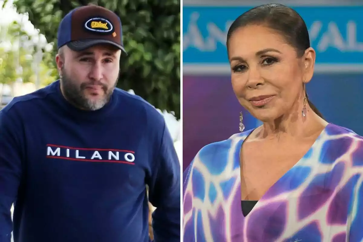 Kiko Rivera e Isabel Pantoja posando en diferentes entornos, una al aire libre con gorra y sudadera azul y otra en un estudio con vestido colorido.