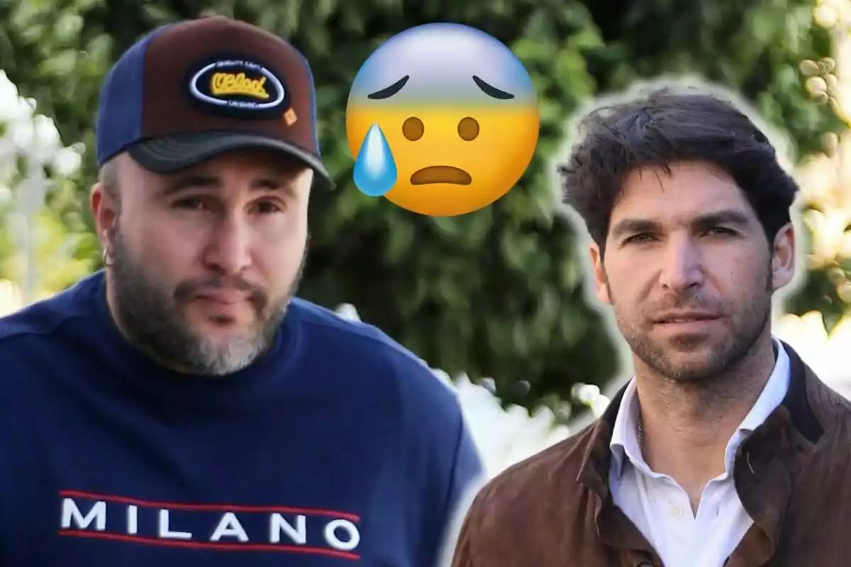 Kiko Rivera i Cayetano Rivera posen a l'aire lliure amb un emoji de preocupació superposat.