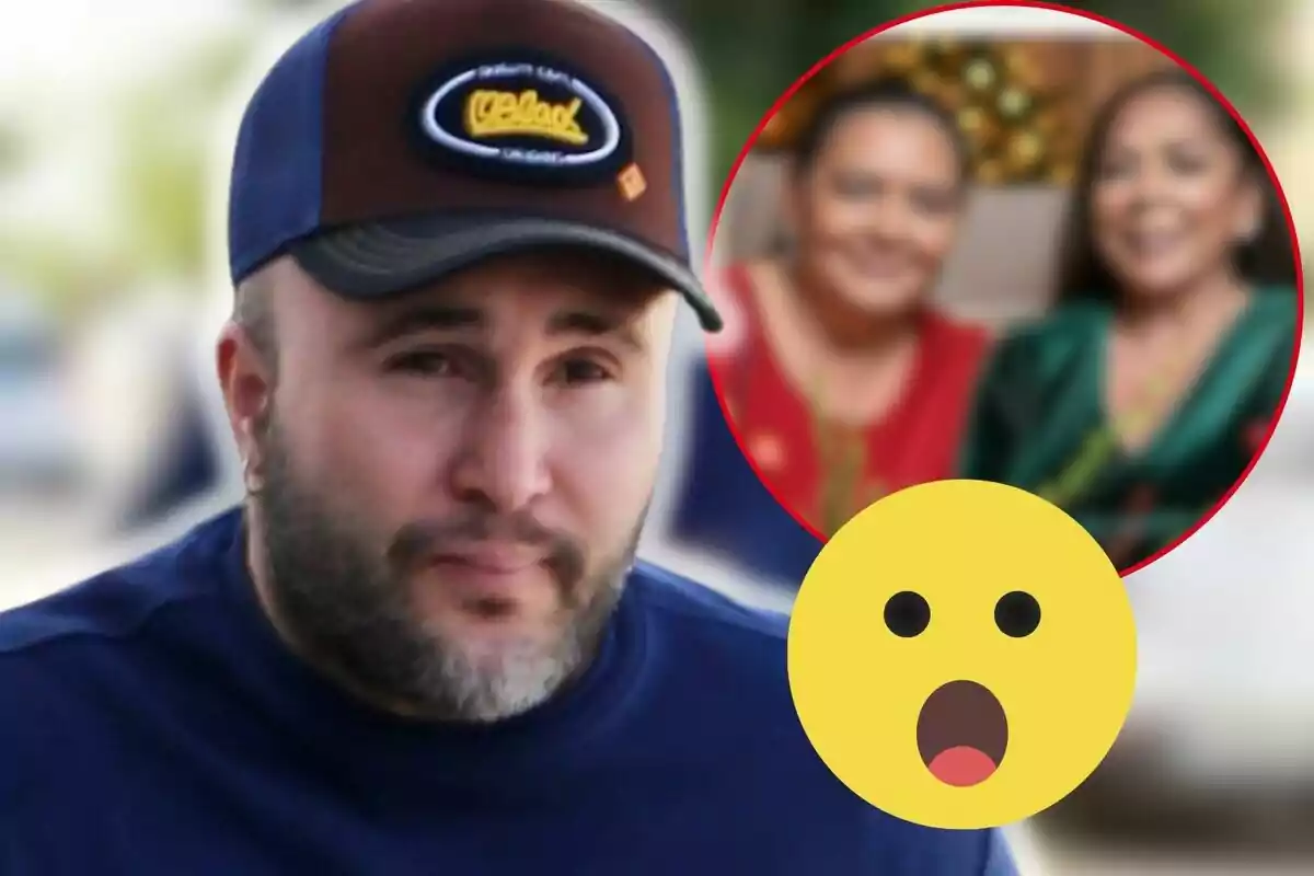 Kiko Rivera amb gorra i barba apareix en primer pla amb un emoji sorprès i una imatge borrosa de dues persones al fons.