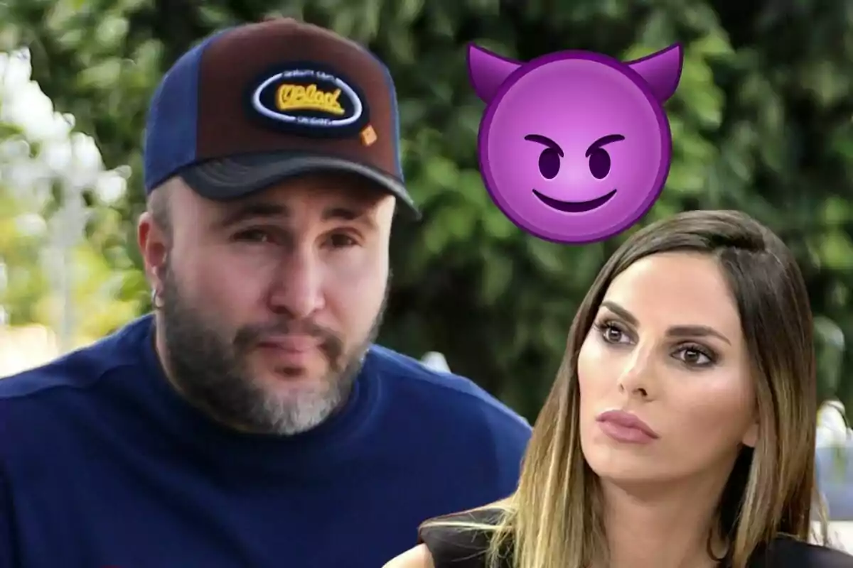 Kiko Rivera amb gorra i barba al costat d'Irene Rosers de cabell llarg i laci amb un emoji de diable morat sobre ells.