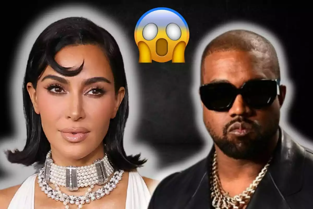 Kim Kardashian and Kanye West with serious expressions and a surprised emoji in the center.