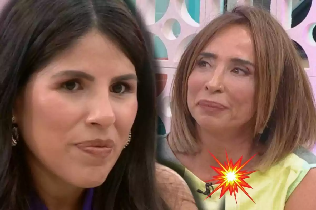 Isa Pantoja i María Patiño en un programa de televisió amb una explosió gràfica a la cantonada.