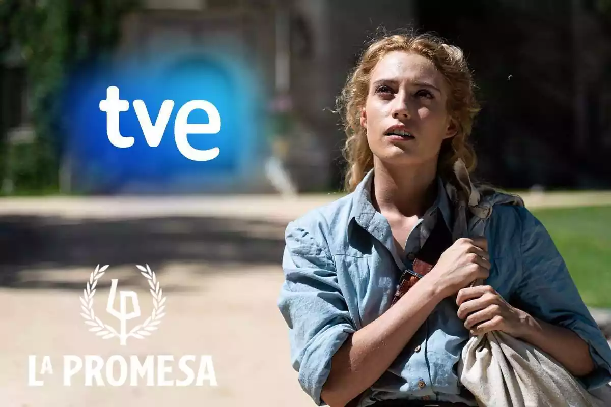 Muntatge de 'La Promesa' amb Jana mirant cap amunt amb una bossa a l'espatlla, el logotip de la sèrie i el de TVE