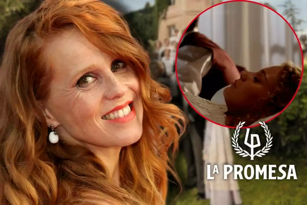 María Castro smiles while a scene of Jana lying down is shown in a frame, with the "La Promesa" logo at the bottom.